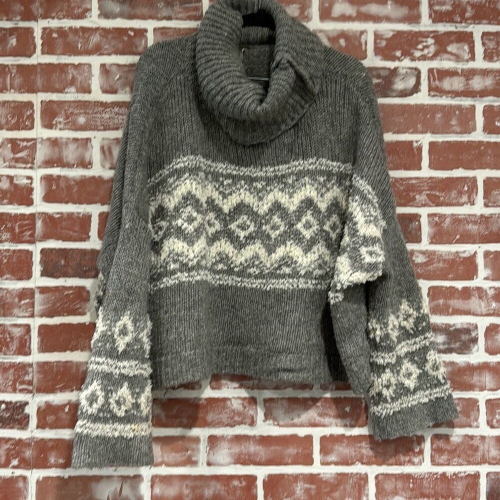 Free People Fair Isle Ragnar Funnel Cowl Neck Sweater Cozy Knit Gray Size S